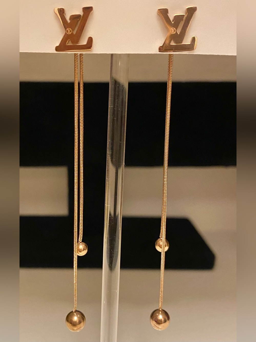 Fashion Jewelry 14K Gold Plated Long Drop Chain -Logo L-V Earrings/Bead Accents